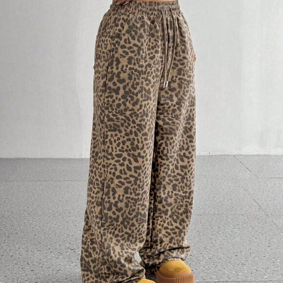Pants - Casual Women's Leopard Print Loose Wide Leg Pants